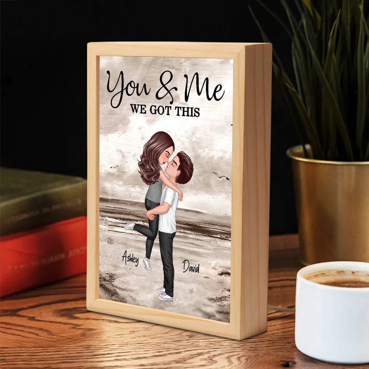Retro Vintage Couple Hugging Kissing Beach Landscape Personalized Wooden Frame Light Box - Image 6