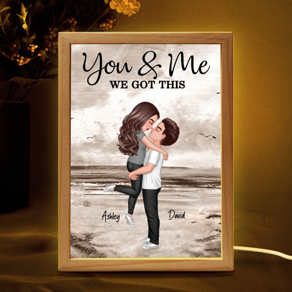 Retro Vintage Couple Hugging Kissing Beach Landscape Personalized Wooden Frame Light Box - Image 7