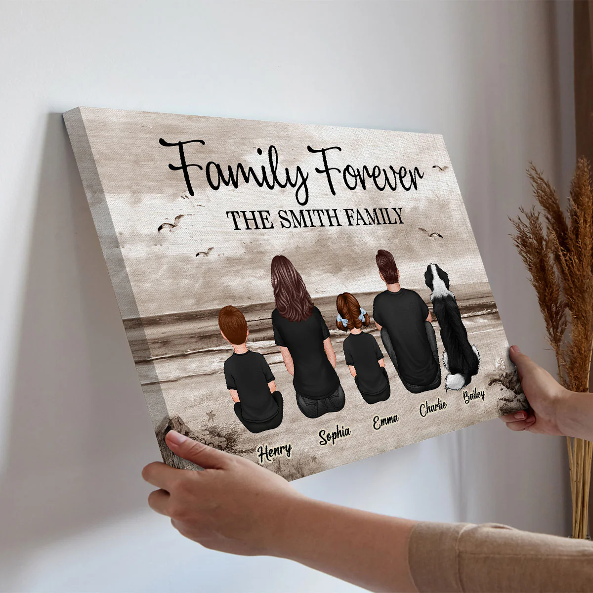 Retro Vintage Family Sitting Beach Landscape Personalized Canvas, Gift For Husband, Wife, Dad, Mom - Image 5