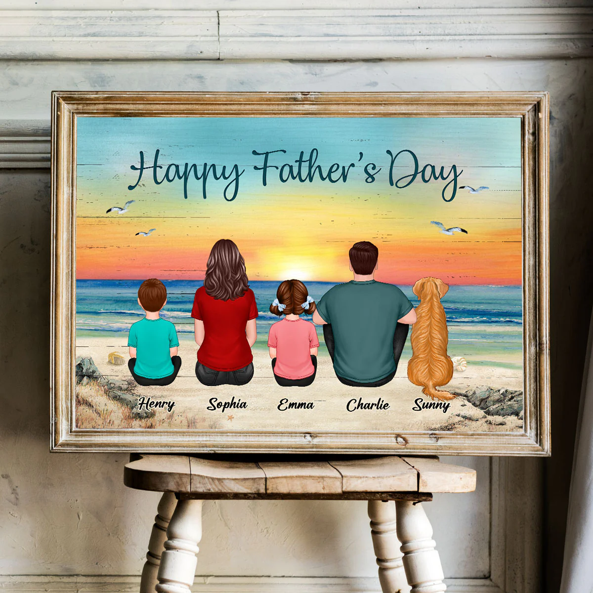 Family Sitting Retro Vintage Beach Landscape - Personalized Poster - Gift For Dad, Husband - Image 4