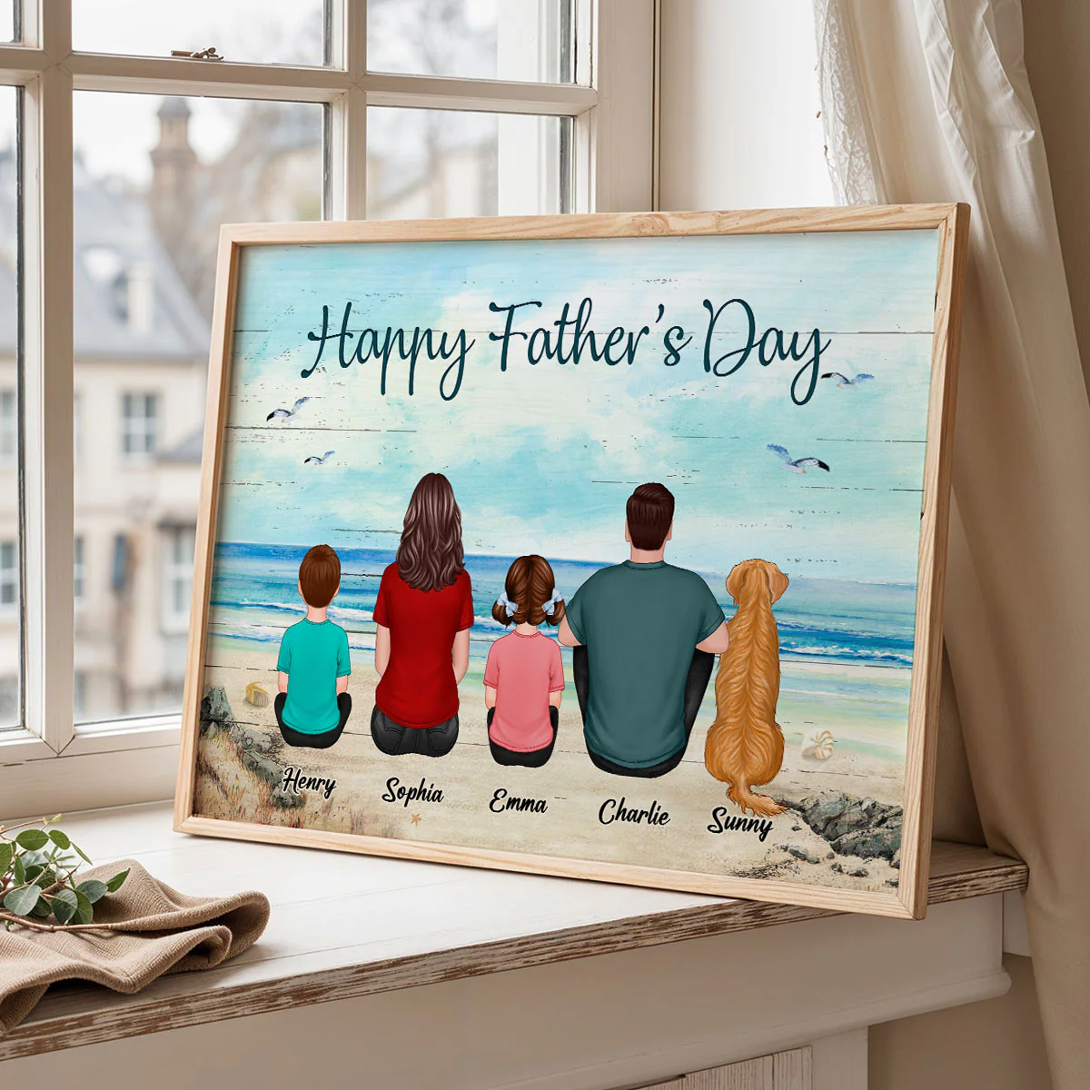 Family Sitting Retro Vintage Beach Landscape - Personalized Poster - Gift For Dad, Husband - Image 5
