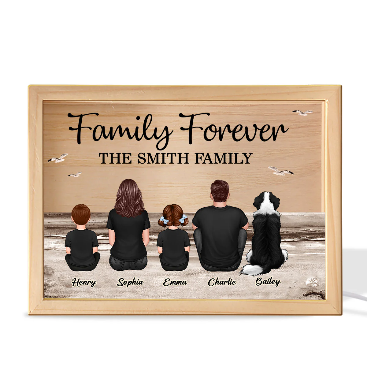 Retro Vintage Family Sitting Beach Landscape Personalized Wooden Frame Light Box - Image 2