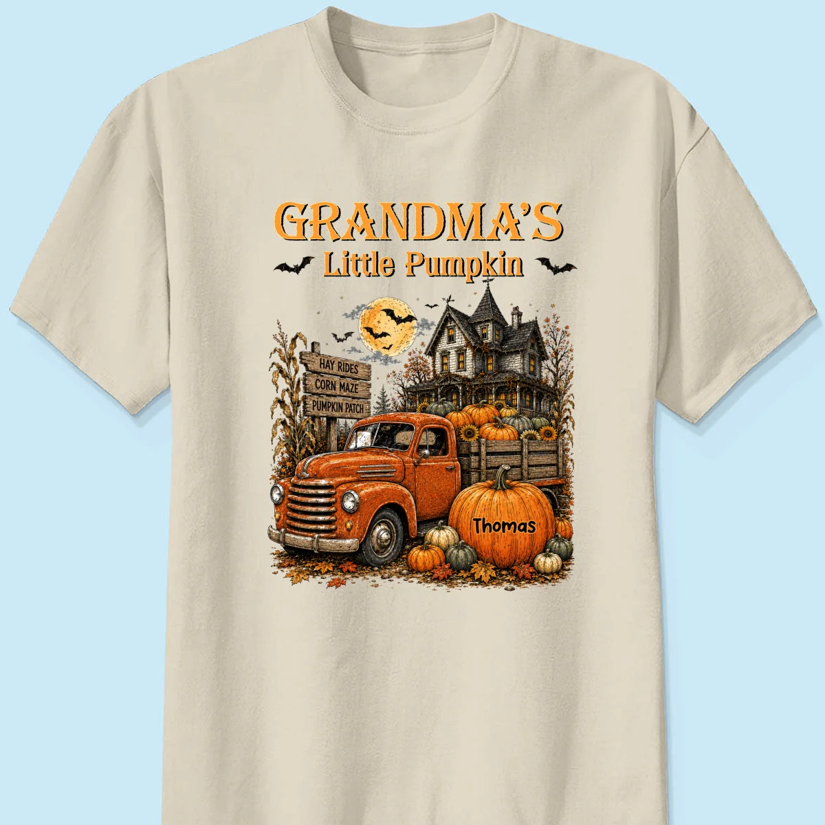 Retro Vintage Farmhouse Halloween Town Style Grandma's Little Pumpkins Truck - Personalized Shirt - Halloween Gift For Grandma - Image 12