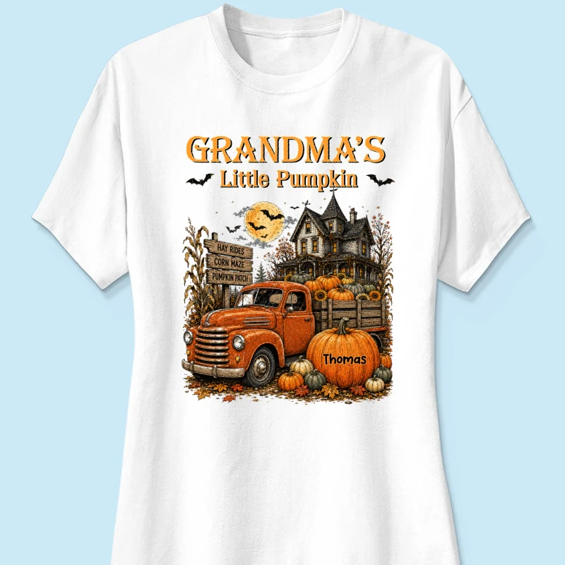 Retro Vintage Farmhouse Halloween Town Style Grandma's Little Pumpkins Truck - Personalized Shirt - Halloween Gift For Grandma - Image 19