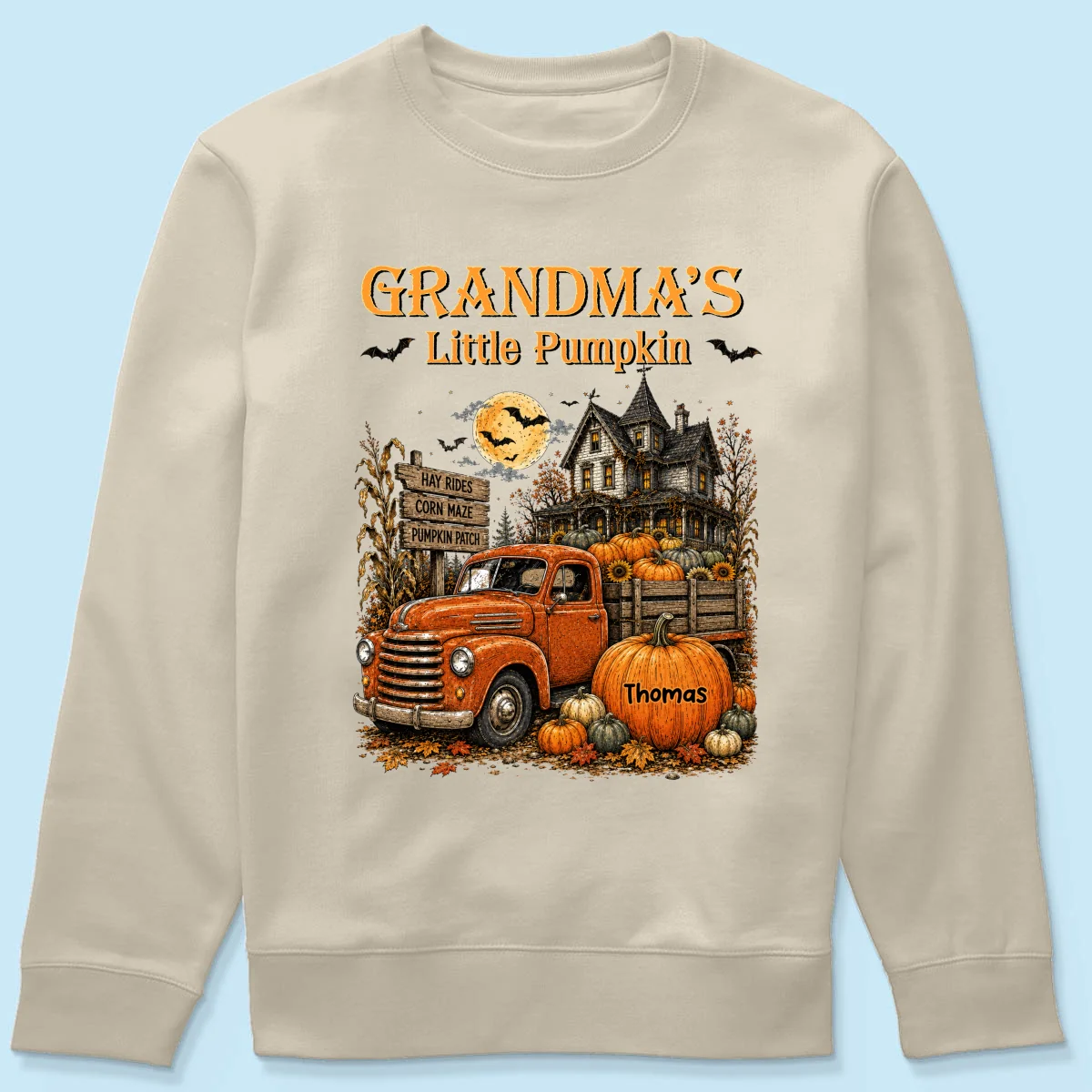 Retro Vintage Farmhouse Halloween Town Style Grandma's Little Pumpkins Truck - Personalized Shirt - Halloween Gift For Grandma - Image 27