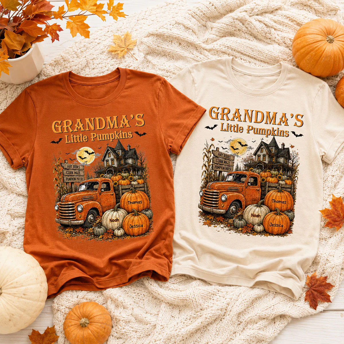 Retro Vintage Farmhouse Halloween Town Style Grandma's Little Pumpkins Truck - Personalized Shirt - Halloween Gift For Grandma - Image 5