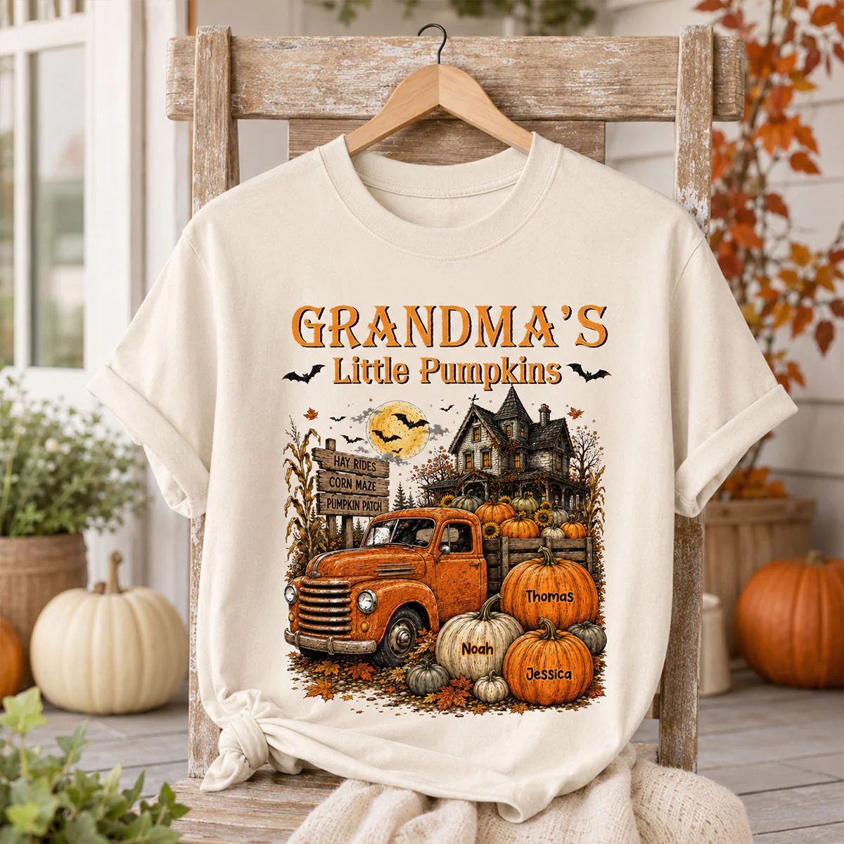 Retro Vintage Farmhouse Halloween Town Style Grandma's Little Pumpkins Truck - Personalized Shirt - Halloween Gift For Grandma - Image 6