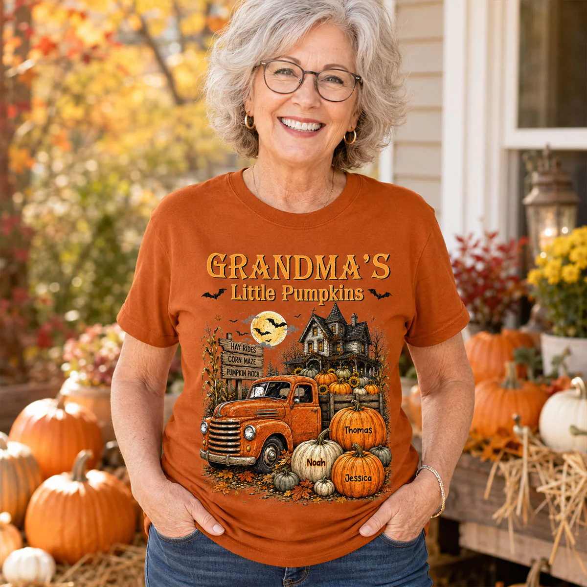 Retro Vintage Farmhouse Halloween Town Style Grandma's Little Pumpkins Truck - Personalized Shirt - Halloween Gift For Grandma - Image 7