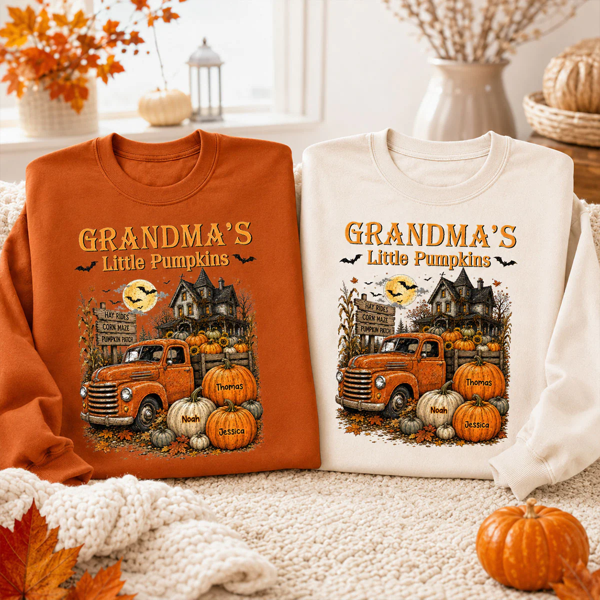 Retro Vintage Farmhouse Halloween Town Style Grandma's Little Pumpkins Truck - Personalized Shirt - Halloween Gift For Grandma - Image 8