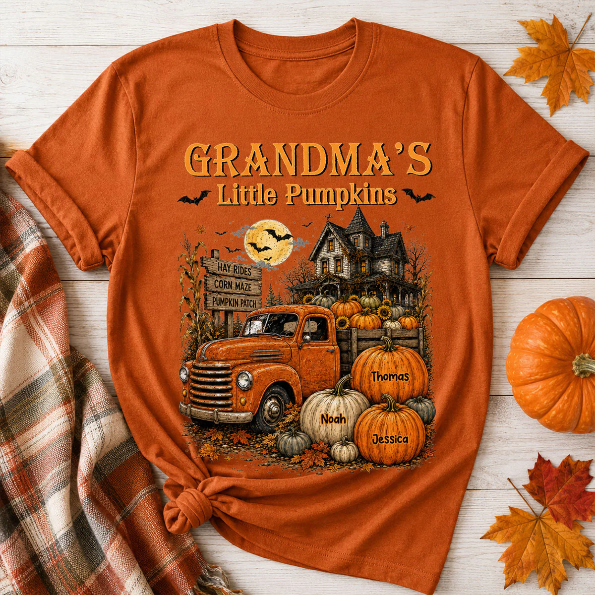 Retro Vintage Farmhouse Halloween Town Style Grandma's Little Pumpkins Truck - Personalized Shirt - Halloween Gift For Grandma - Image 9