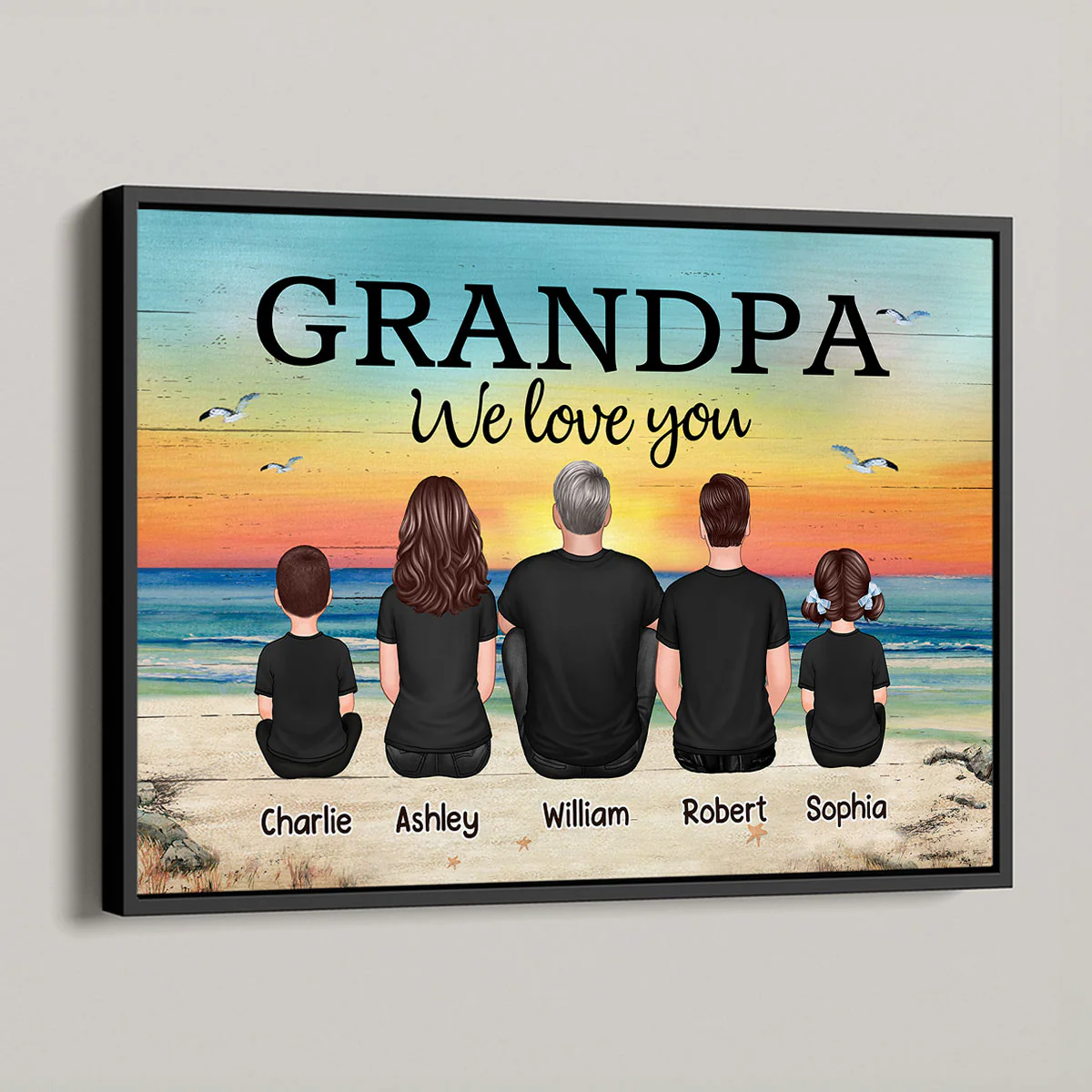 Grandpa And Grandsons Granddaughters Retro Vintage Beach Landscape Personalized Poster| Heartfelt Father's Day Gift For Grandpa From Grandkids - Image 3