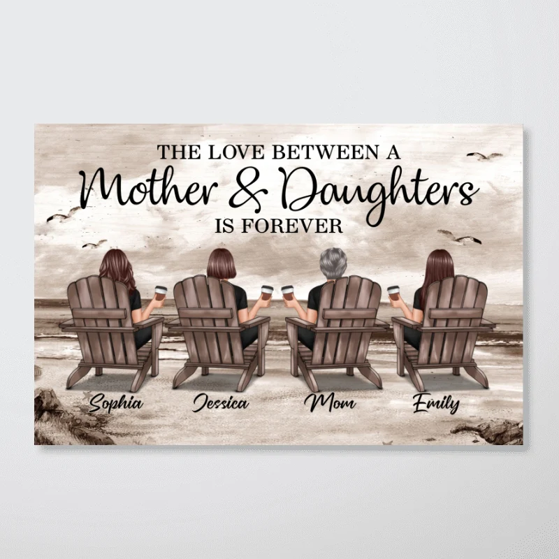 Retro Vintage Mom And Daughters Sons Beach Landscape Personalized Horizontal Poster - Image 10