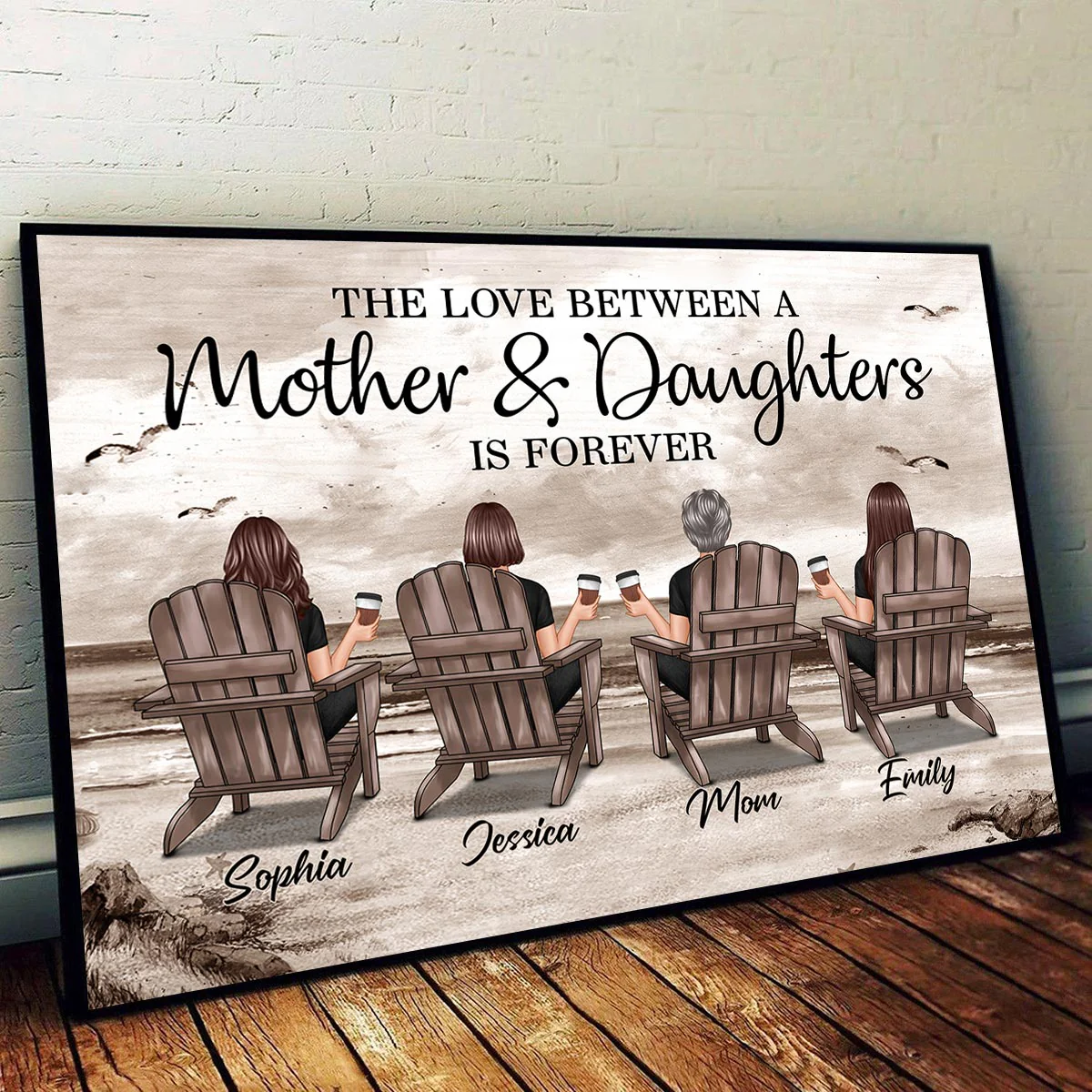 Retro Vintage Mom And Daughters Sons Beach Landscape Personalized Horizontal Poster - Image 2