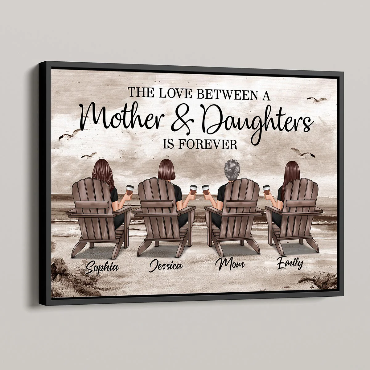 Retro Vintage Mom And Daughters Sons Beach Landscape Personalized Horizontal Poster - Image 5