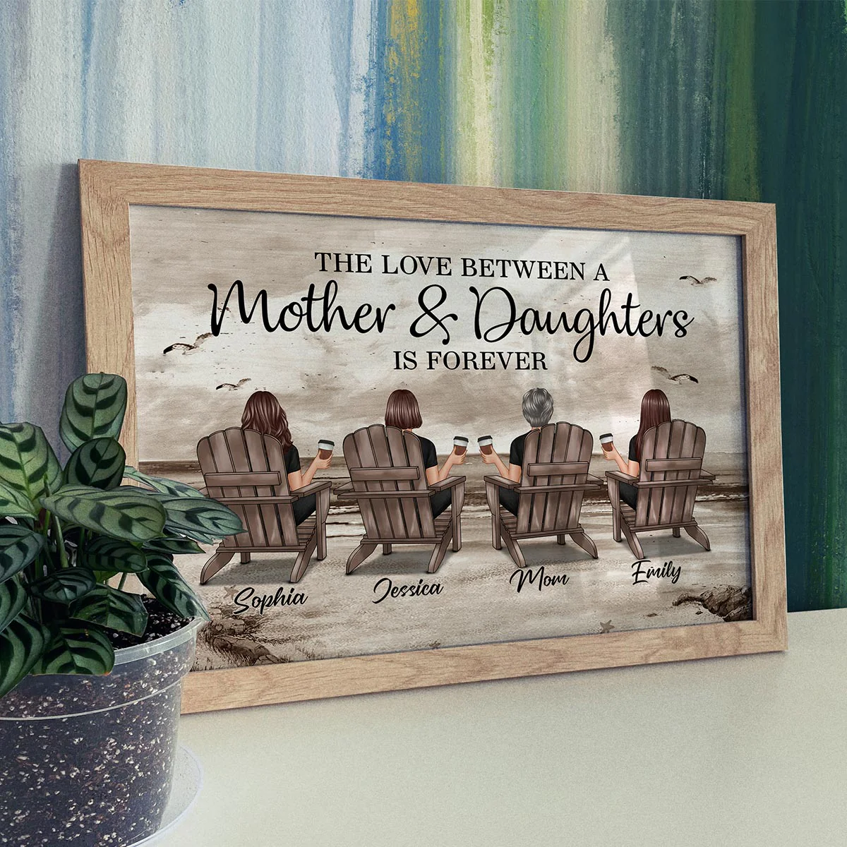 Retro Vintage Mom And Daughters Sons Beach Landscape Personalized Horizontal Poster - Image 7