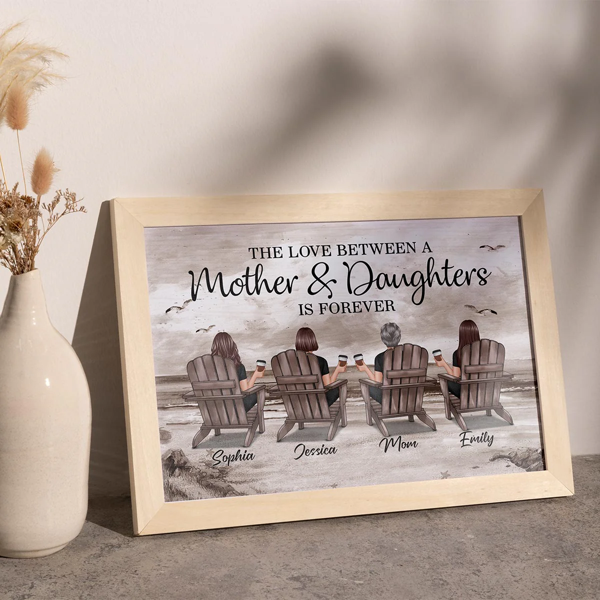 Retro Vintage Mom And Daughters Sons Beach Landscape Personalized Horizontal Poster - Image 8