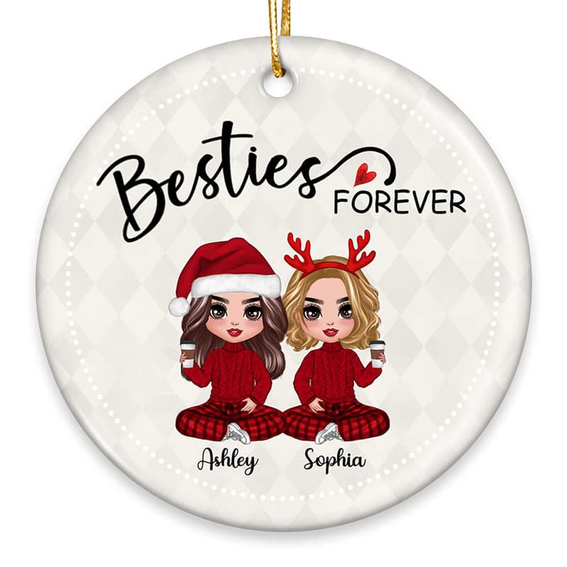 Rhombus Pattern Doll Besties Sisters Sitting Christmas Personalized Circle Ornament