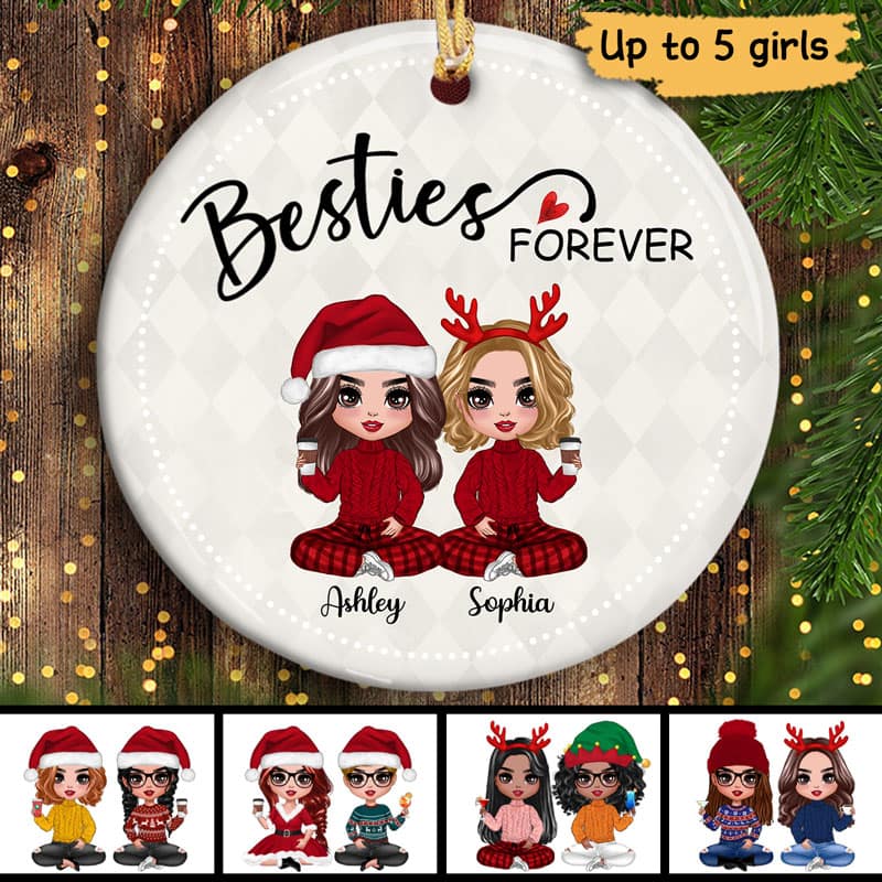 Rhombus Pattern Doll Besties Sisters Sitting Christmas Personalized Circle Ornament - Image 2