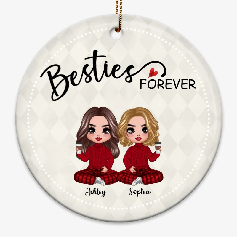 Rhombus Pattern Doll Besties Sisters Sitting Christmas Personalized Circle Ornament - Image 3