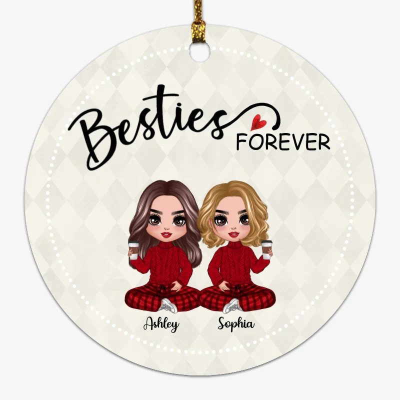 Rhombus Pattern Doll Besties Sisters Sitting Christmas Personalized Circle Ornament - Image 4