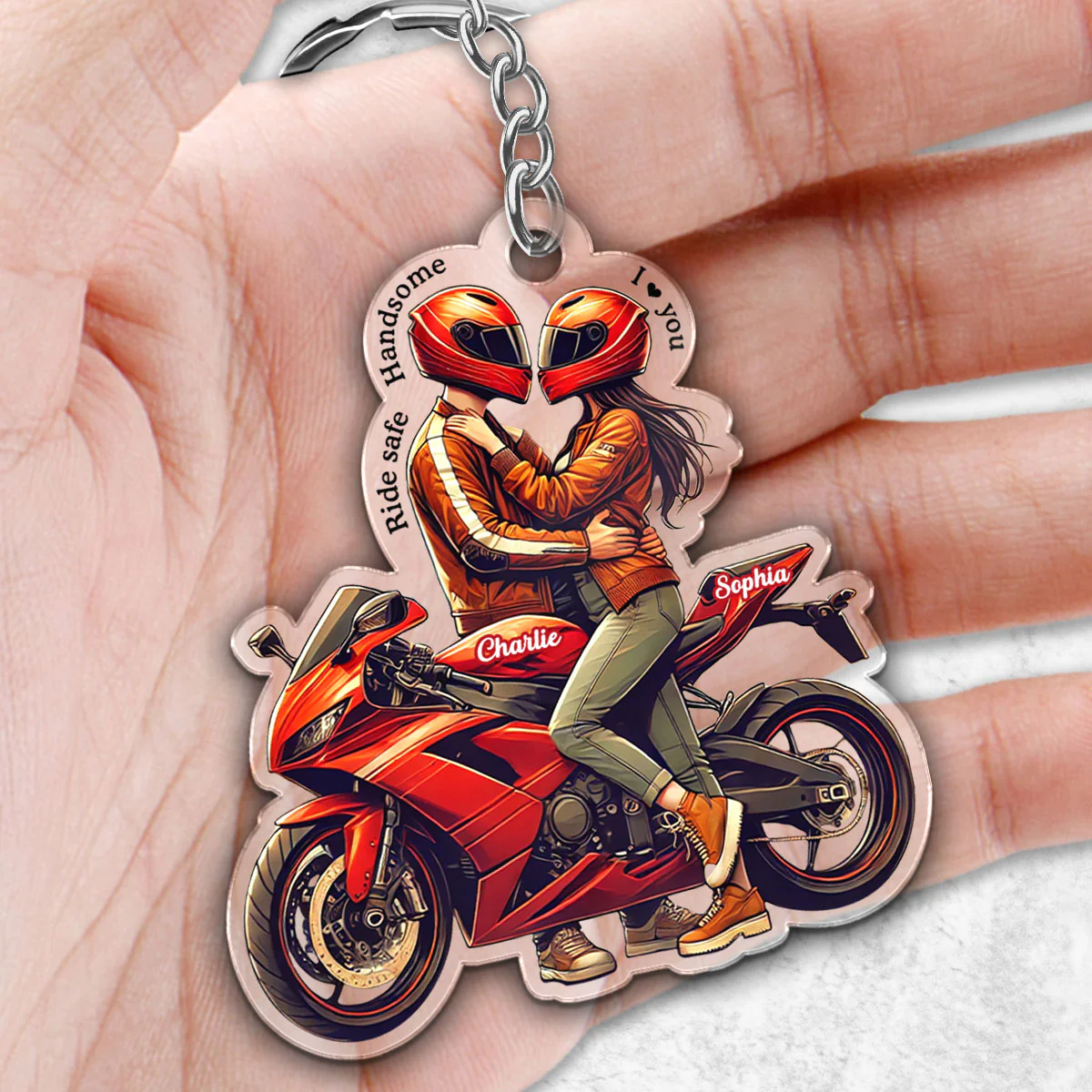 Ride Safe Handsome I Love You Personalized Acrylic Keychain, Anniversary Birthday Gift For Him, For Biker Couple - Image 2