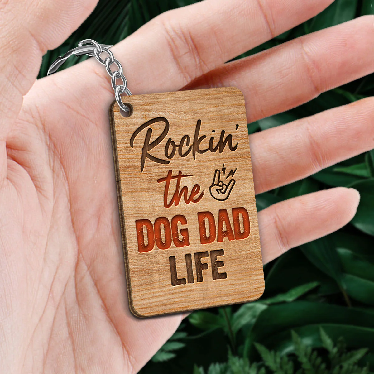 Rockin‘ Dog Dad Life Personalized Wooden Keychain - Image 2