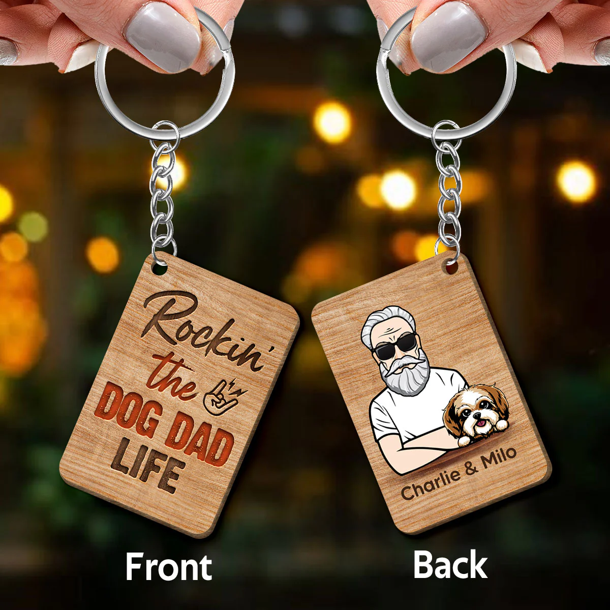 Rockin‘ Dog Dad Life Personalized Wooden Keychain - Image 3
