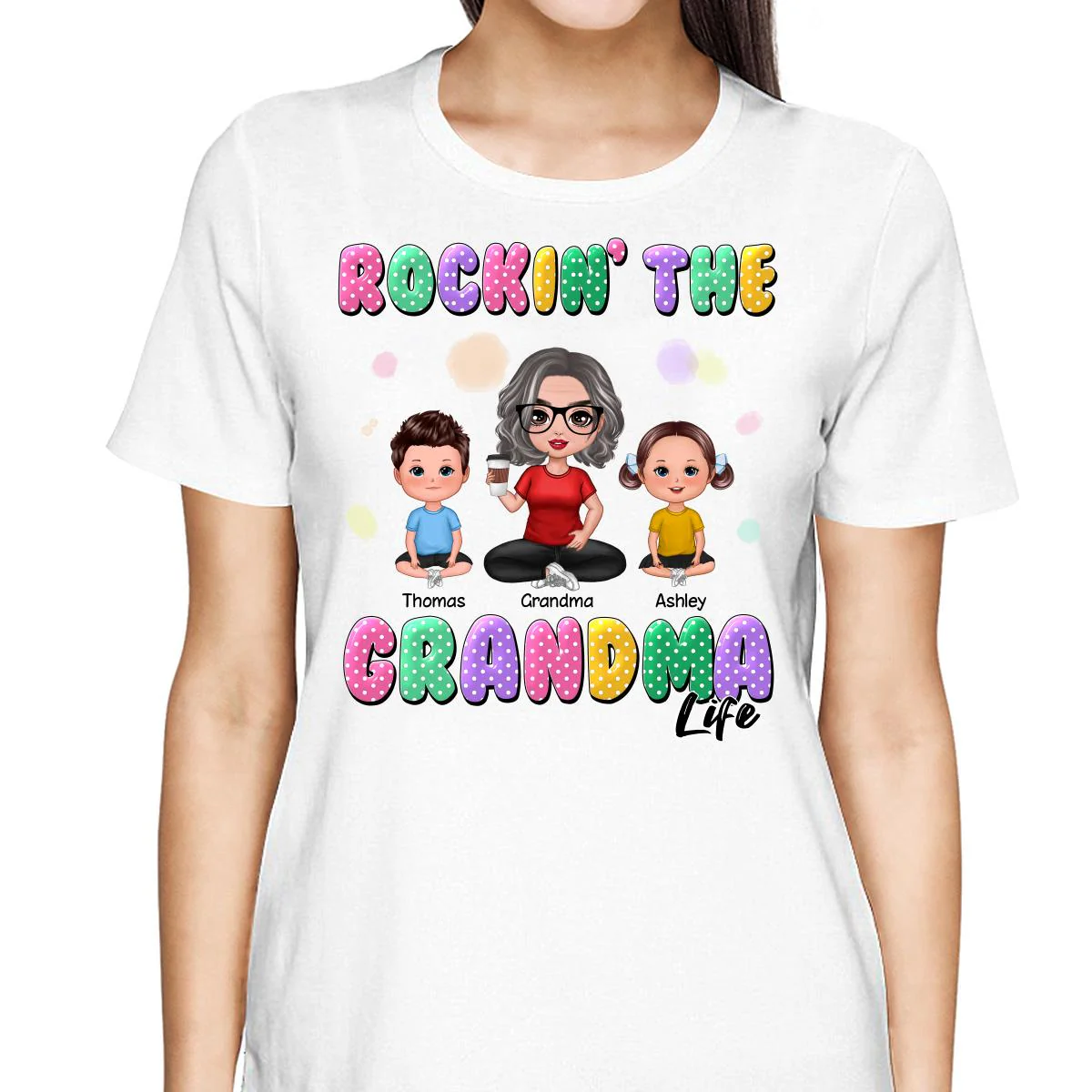 Rockin‘ Grandma Life Colorful Polka Dot Personalized Shirt - Image 2