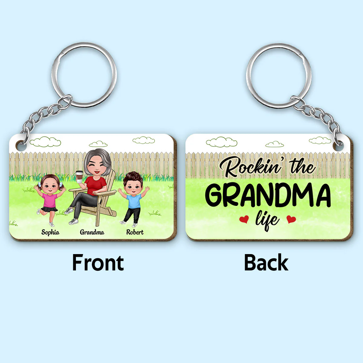 Rockin‘ Grandma Life Garden Backyard Personalized Wooden Keychain
