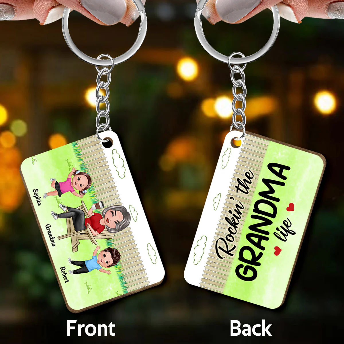 Rockin‘ Grandma Life Garden Backyard Personalized Wooden Keychain - Image 3