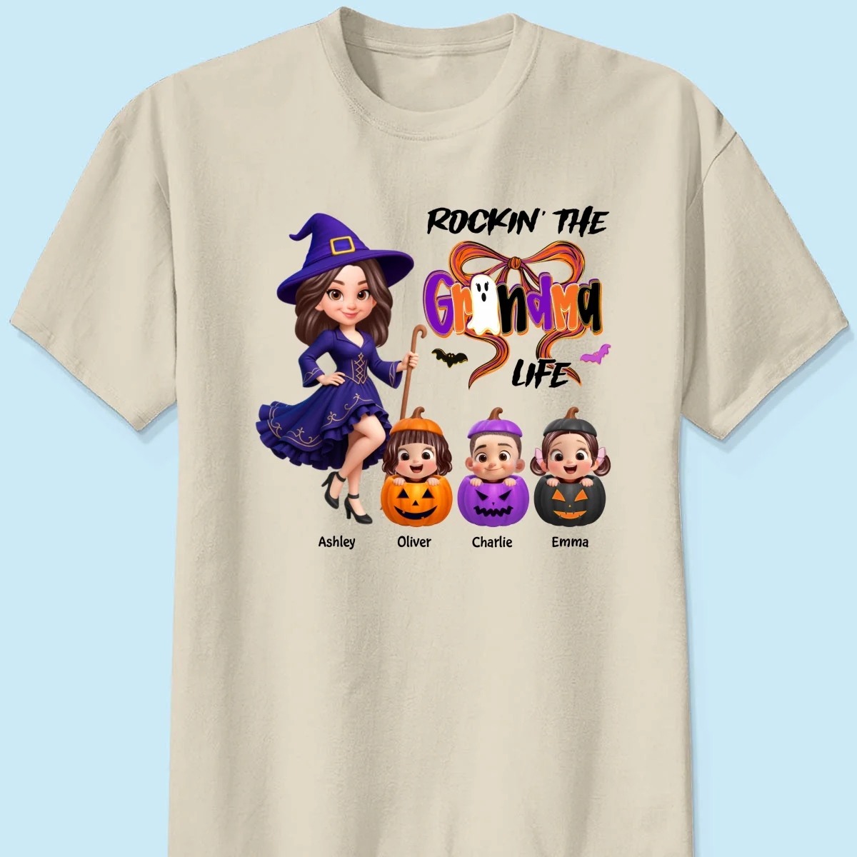 Rockin' Grandma Life Halloween Coquette Bow Grandkids Pumpkins Personalized Sweatshirt - Image 11