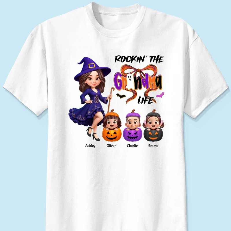 Rockin' Grandma Life Halloween Coquette Bow Grandkids Pumpkins Personalized Sweatshirt - Image 12