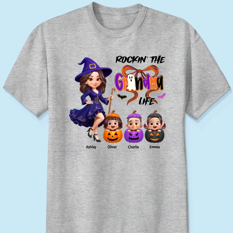 Rockin' Grandma Life Halloween Coquette Bow Grandkids Pumpkins Personalized Sweatshirt - Image 13