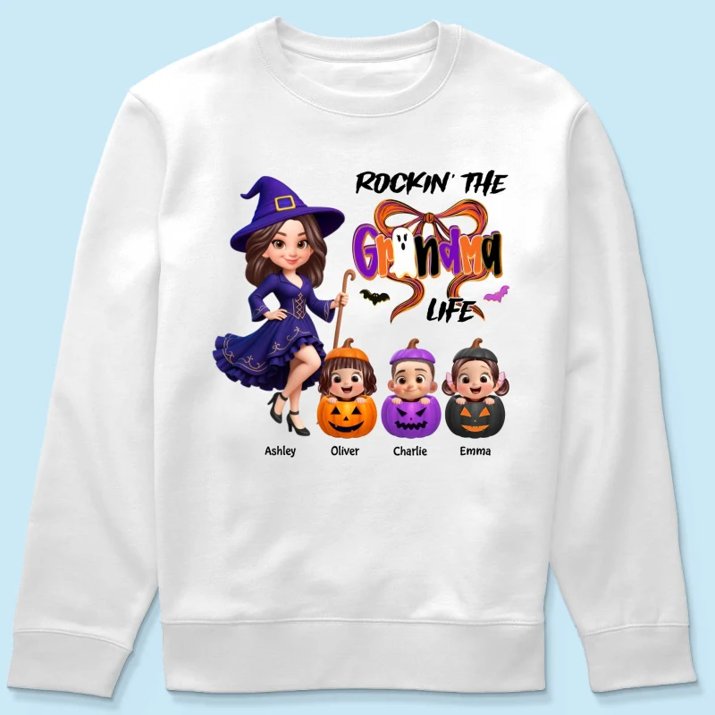 Rockin' Grandma Life Halloween Coquette Bow Grandkids Pumpkins Personalized Sweatshirt - Image 14