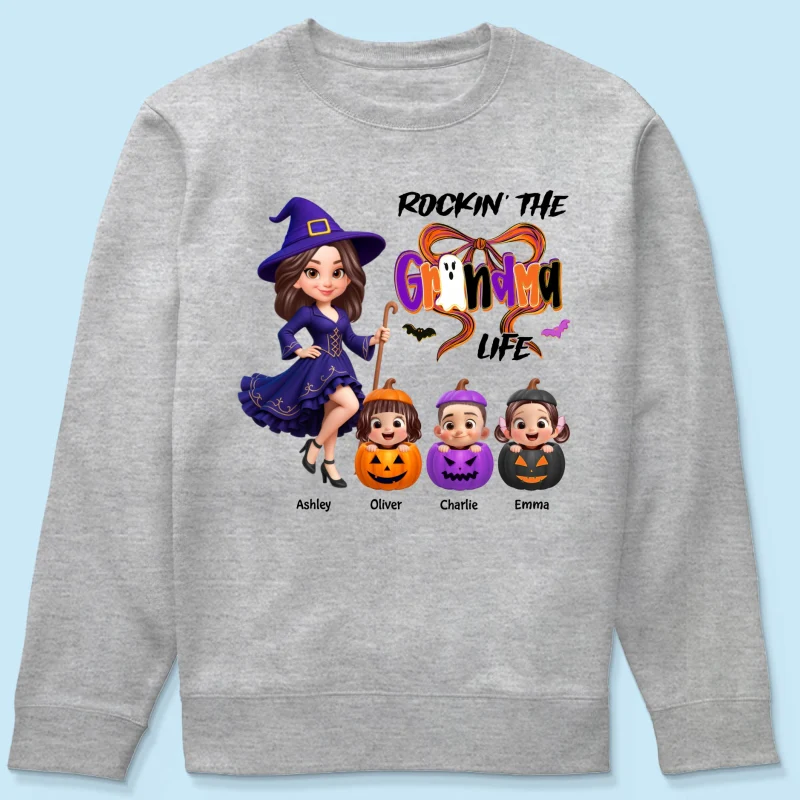 Rockin' Grandma Life Halloween Coquette Bow Grandkids Pumpkins Personalized Sweatshirt - Image 15