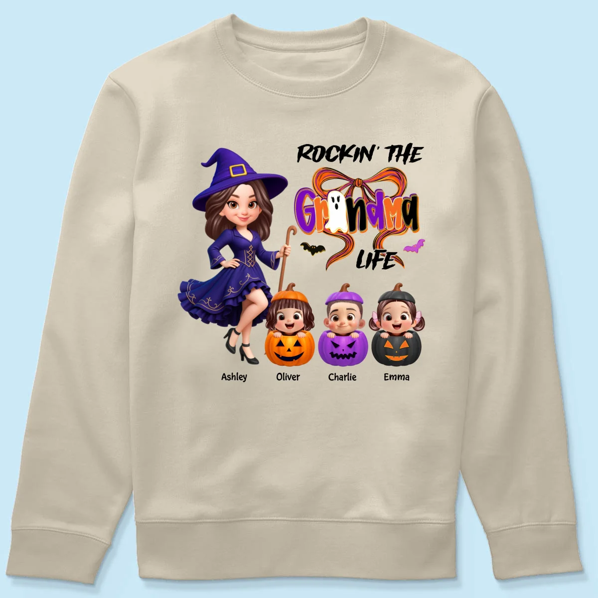 Rockin' Grandma Life Halloween Coquette Bow Grandkids Pumpkins Personalized Sweatshirt - Image 16