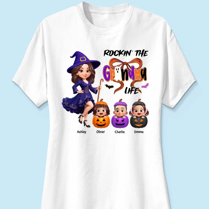 Rockin' Grandma Life Halloween Coquette Bow Grandkids Pumpkins Personalized Sweatshirt - Image 17
