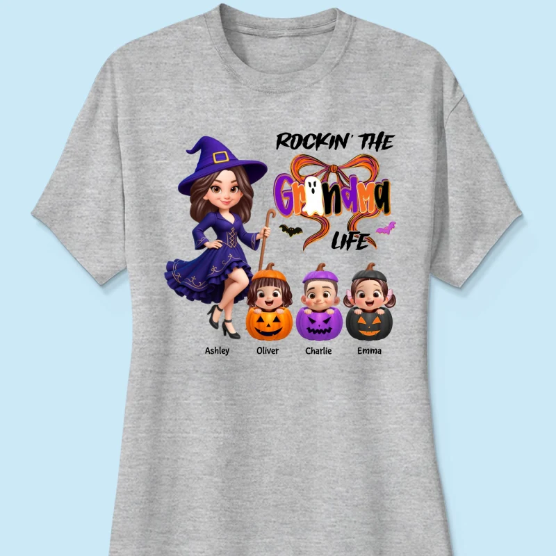 Rockin' Grandma Life Halloween Coquette Bow Grandkids Pumpkins Personalized Sweatshirt - Image 18