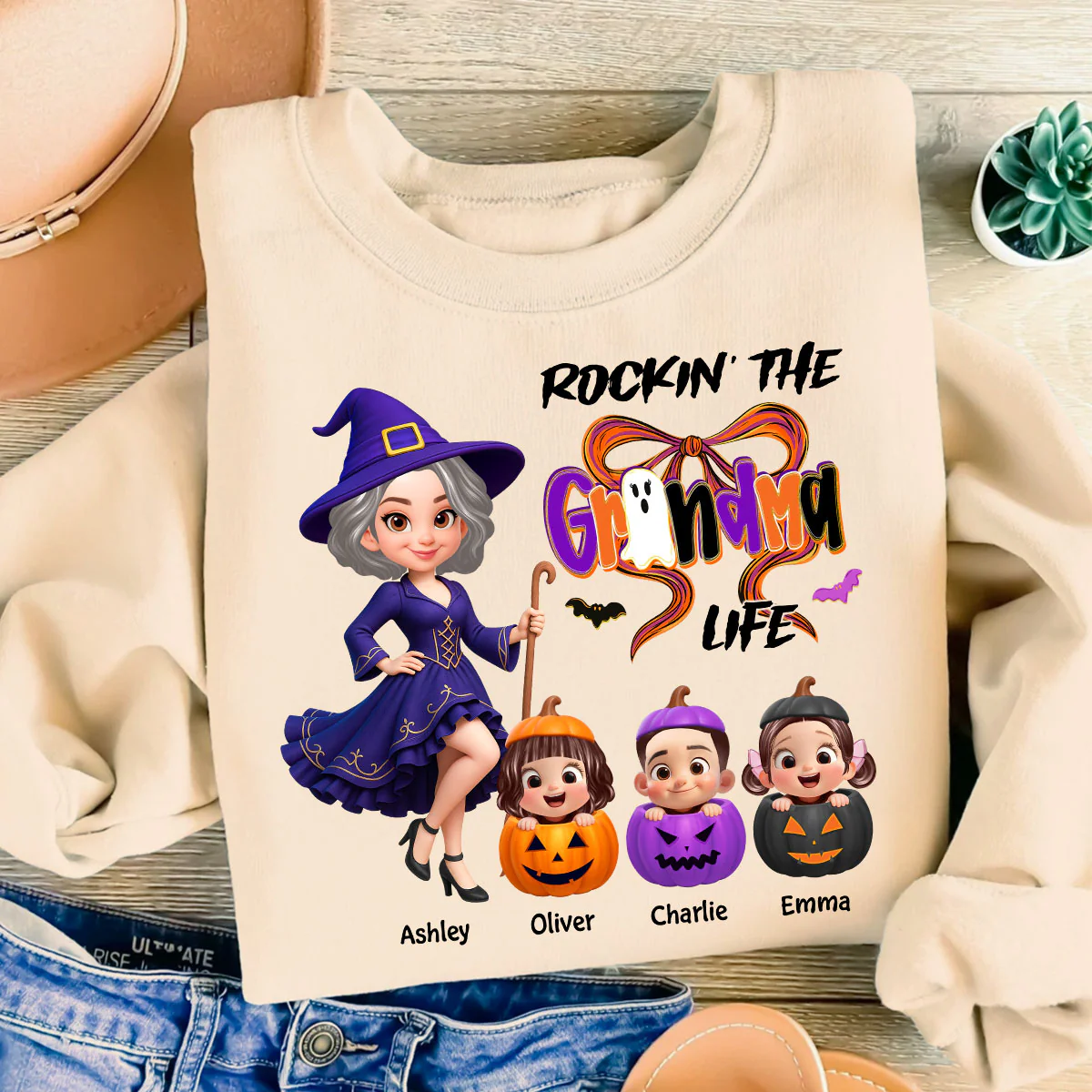 Rockin' Grandma Life Halloween Coquette Bow Grandkids Pumpkins Personalized Sweatshirt - Image 2