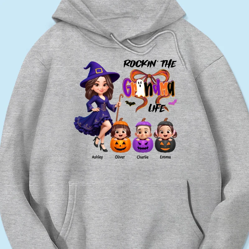 Rockin' Grandma Life Halloween Coquette Bow Grandkids Pumpkins Personalized Sweatshirt - Image 20