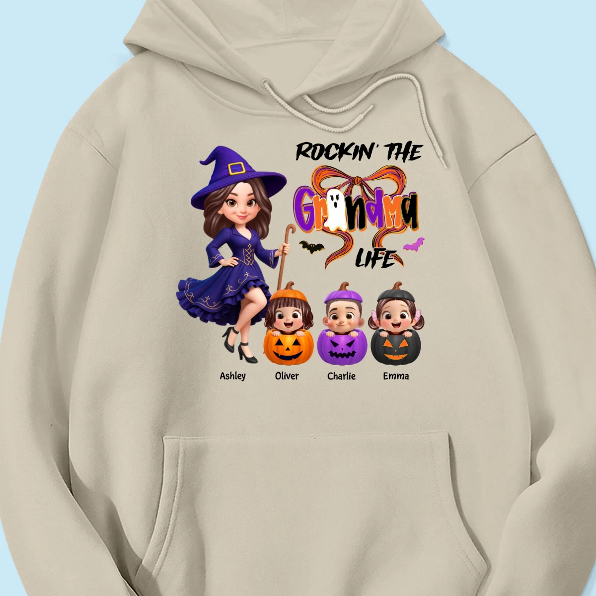 Rockin' Grandma Life Halloween Coquette Bow Grandkids Pumpkins Personalized Sweatshirt - Image 21