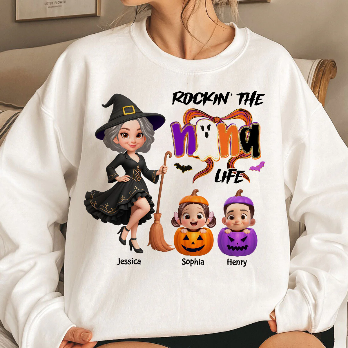 Rockin' Grandma Life Halloween Coquette Bow Grandkids Pumpkins Personalized Sweatshirt - Image 3