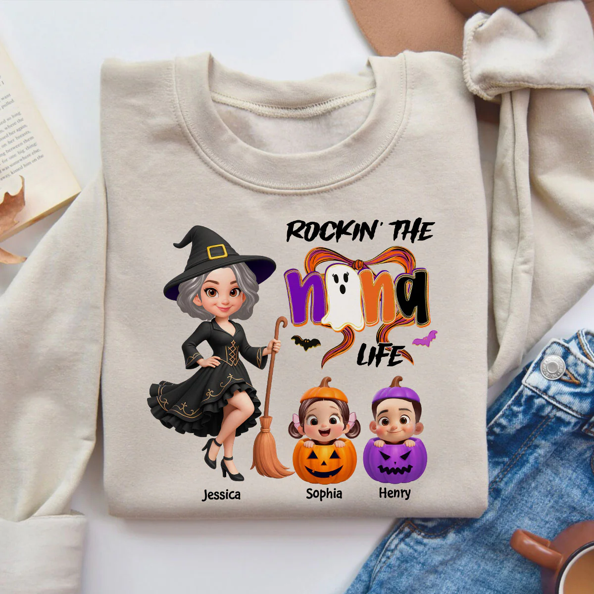 Rockin' Grandma Life Halloween Coquette Bow Grandkids Pumpkins Personalized Sweatshirt - Image 4