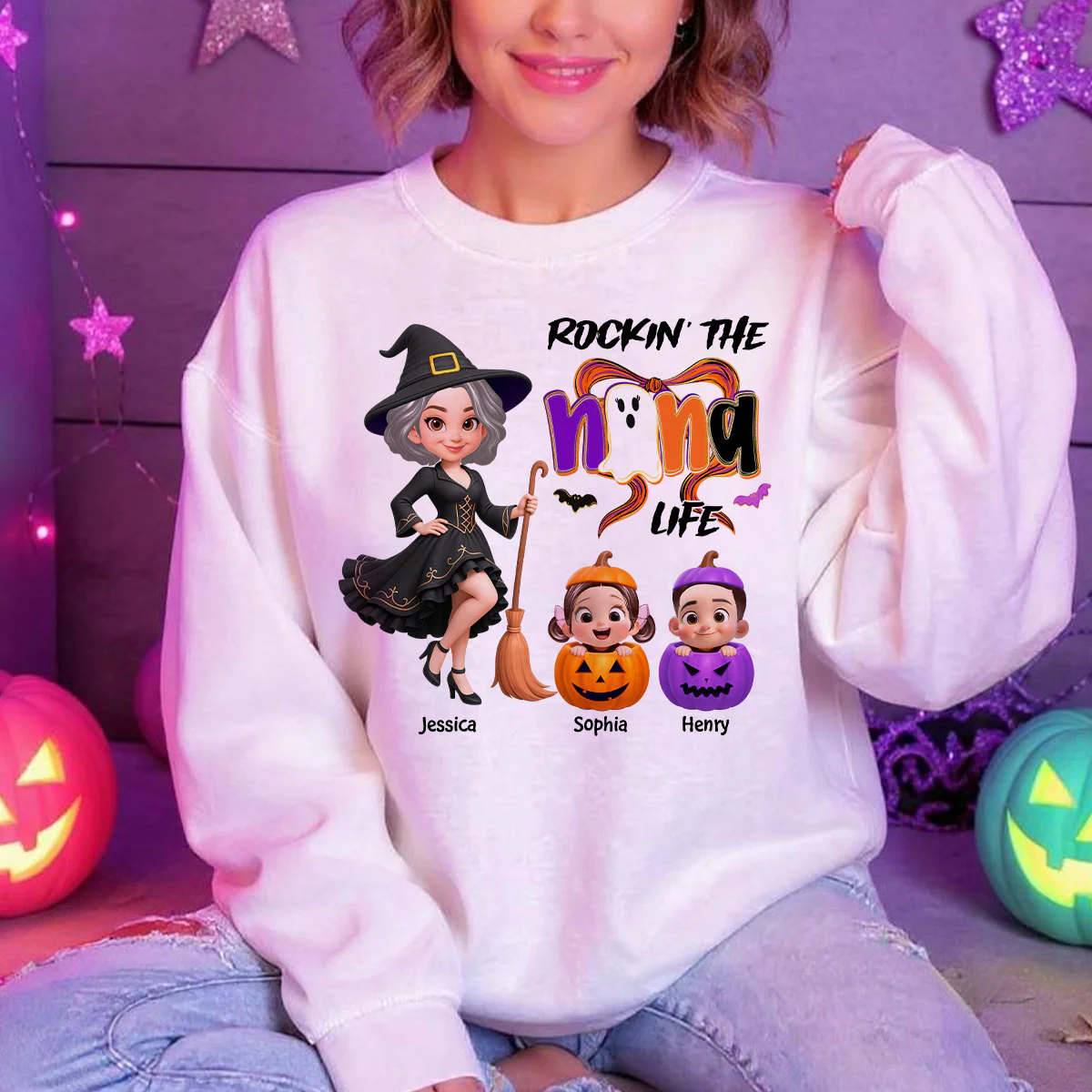 Rockin' Grandma Life Halloween Coquette Bow Grandkids Pumpkins Personalized Sweatshirt - Image 5