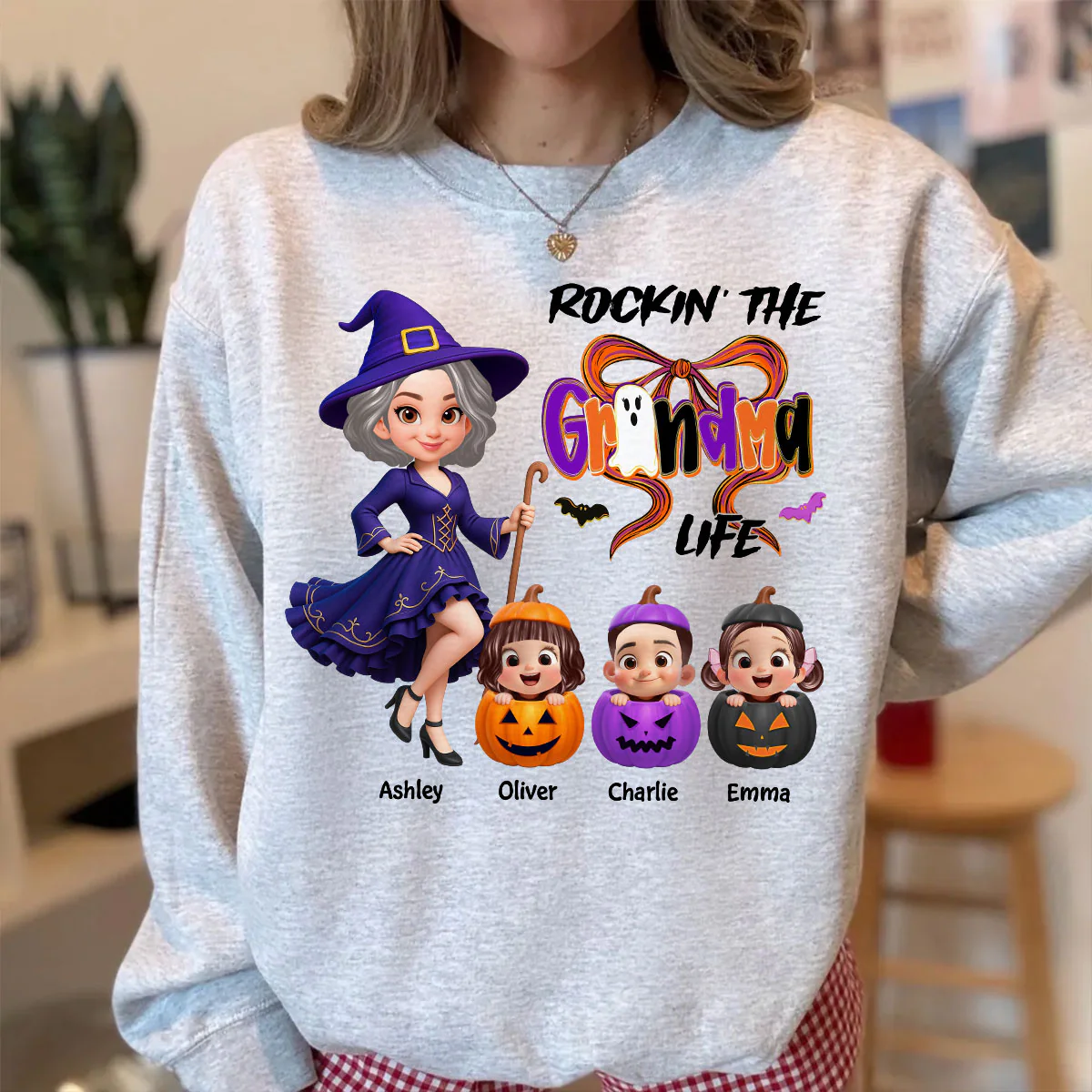Rockin' Grandma Life Halloween Coquette Bow Grandkids Pumpkins Personalized Sweatshirt - Image 6