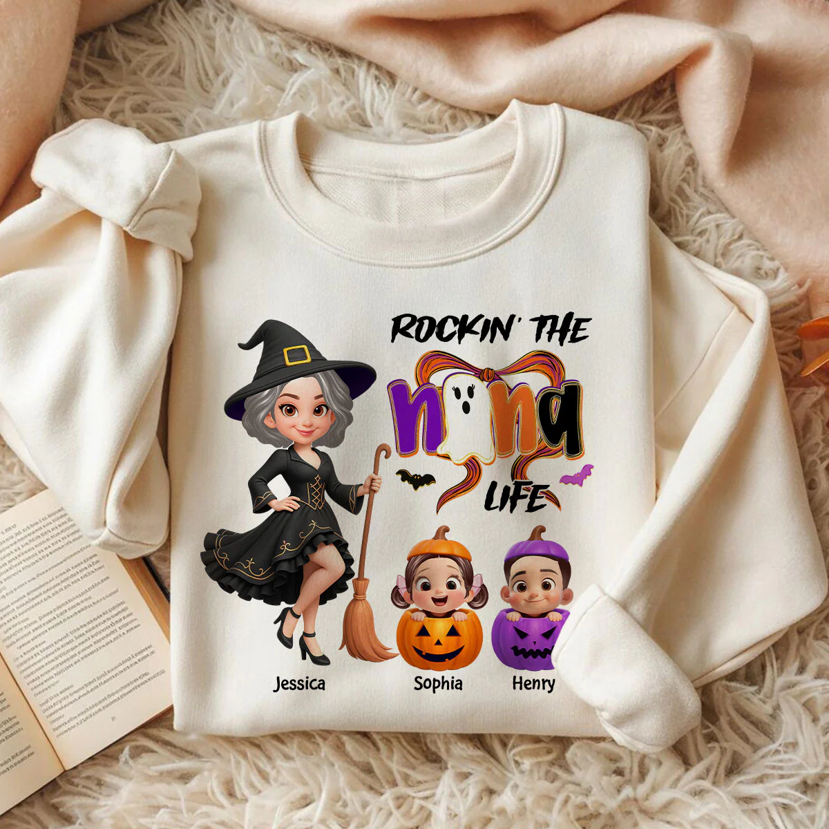 Rockin' Grandma Life Halloween Coquette Bow Grandkids Pumpkins Personalized Sweatshirt - Image 7
