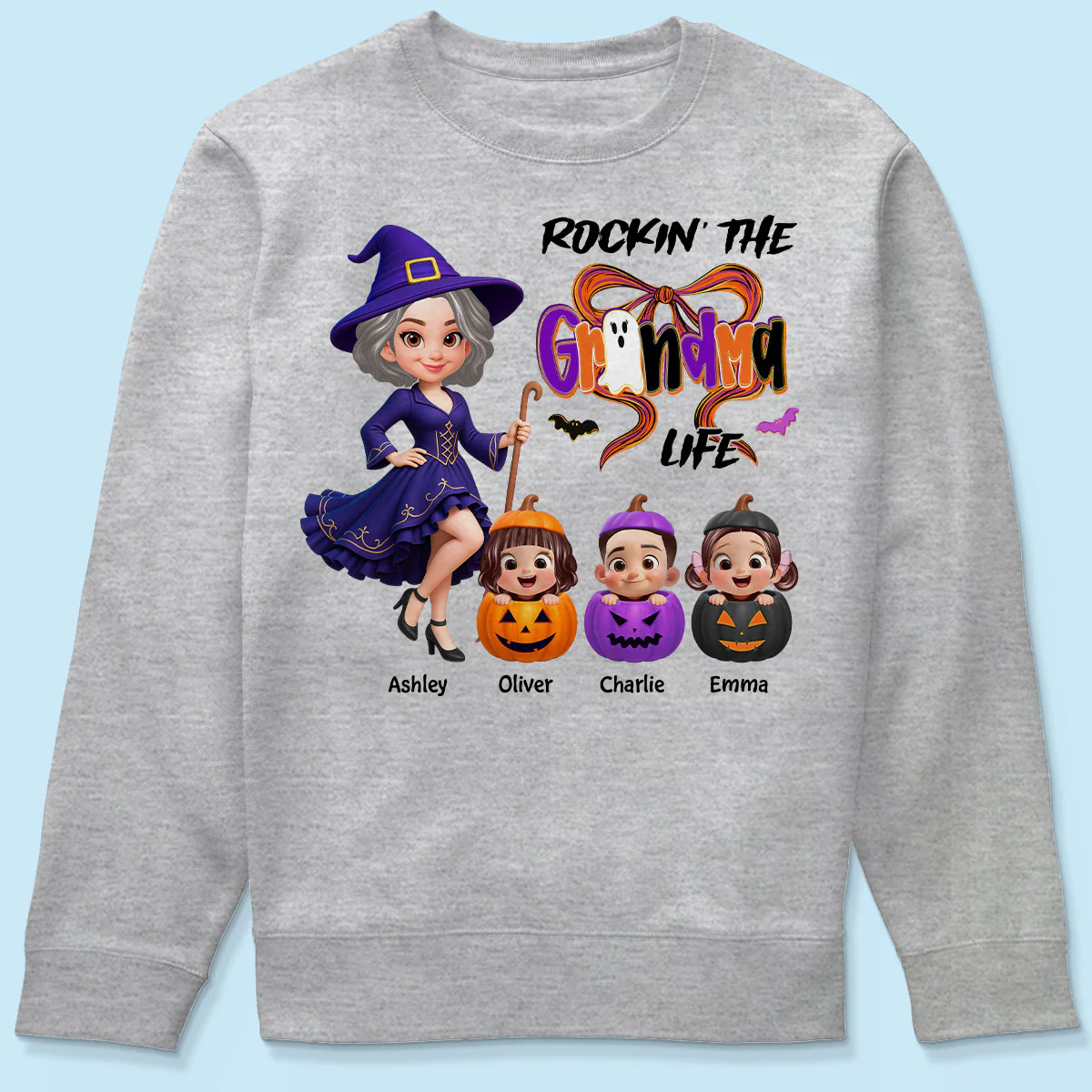 Rockin' Grandma Life Halloween Coquette Bow Grandkids Pumpkins Personalized Sweatshirt - Image 8
