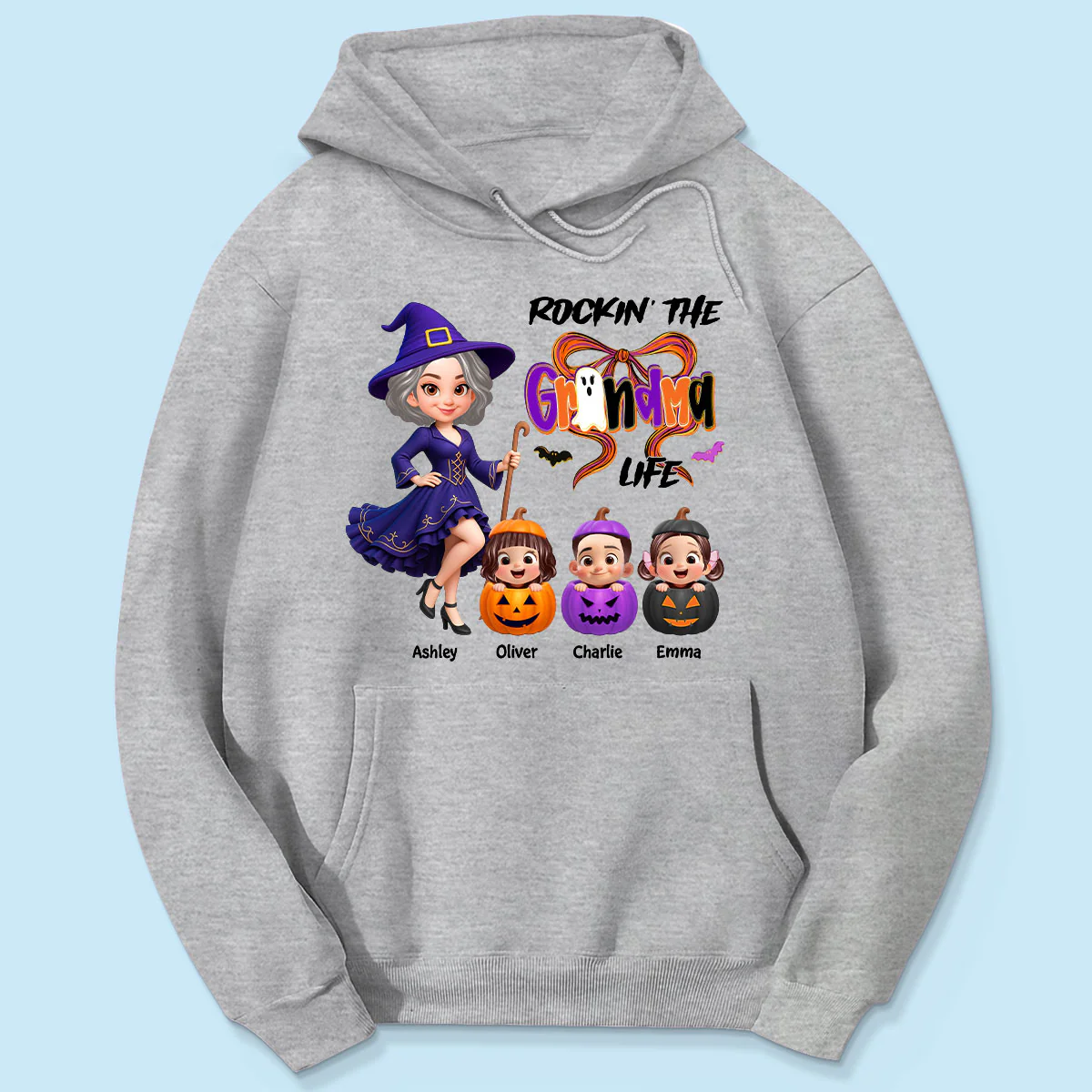Rockin' Grandma Life Halloween Coquette Bow Grandkids Pumpkins Personalized Sweatshirt - Image 9