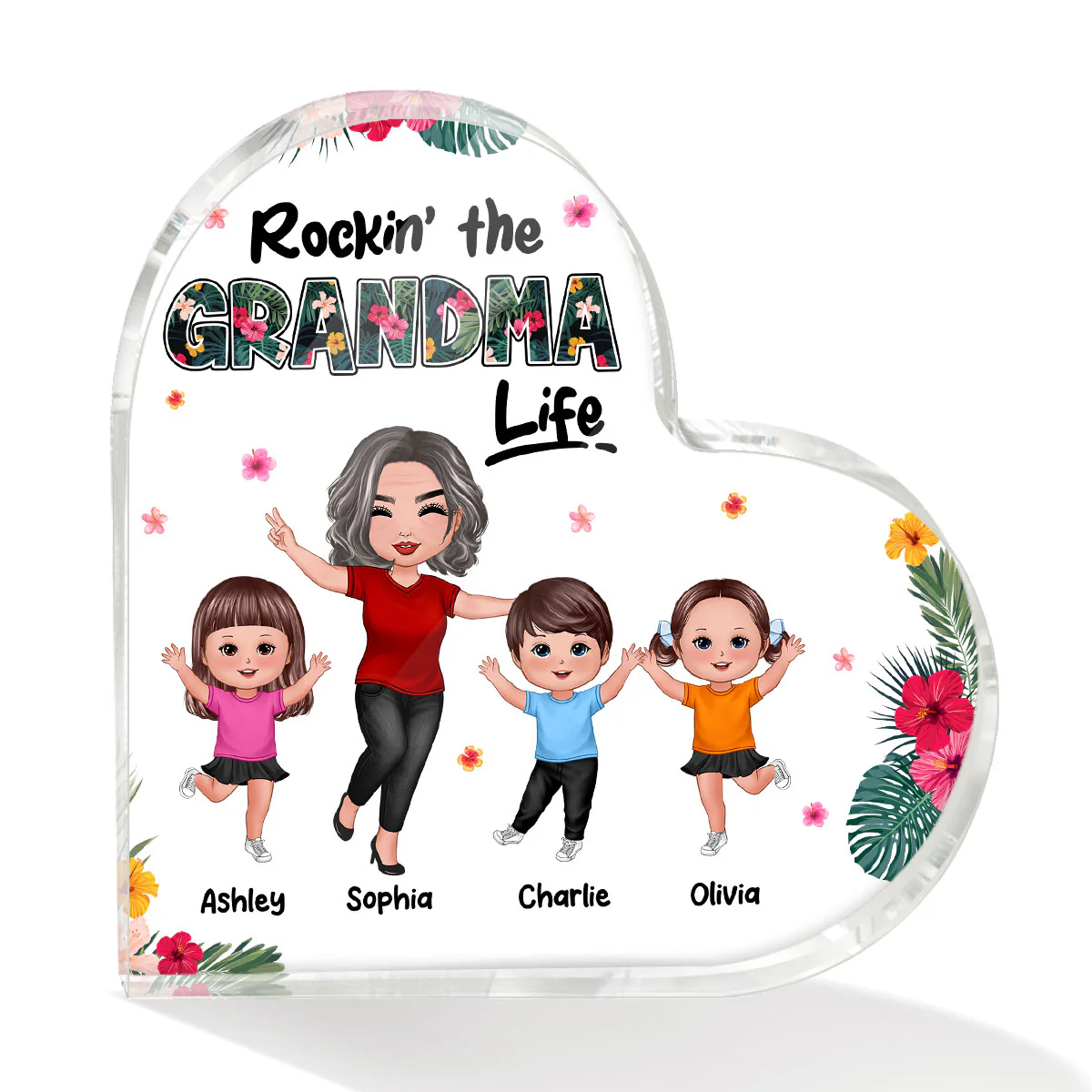 Rockin‘ Grandma Life Happy Doll Grandma Grandkids Personalized Acrylic Heart Plaque - Image 2