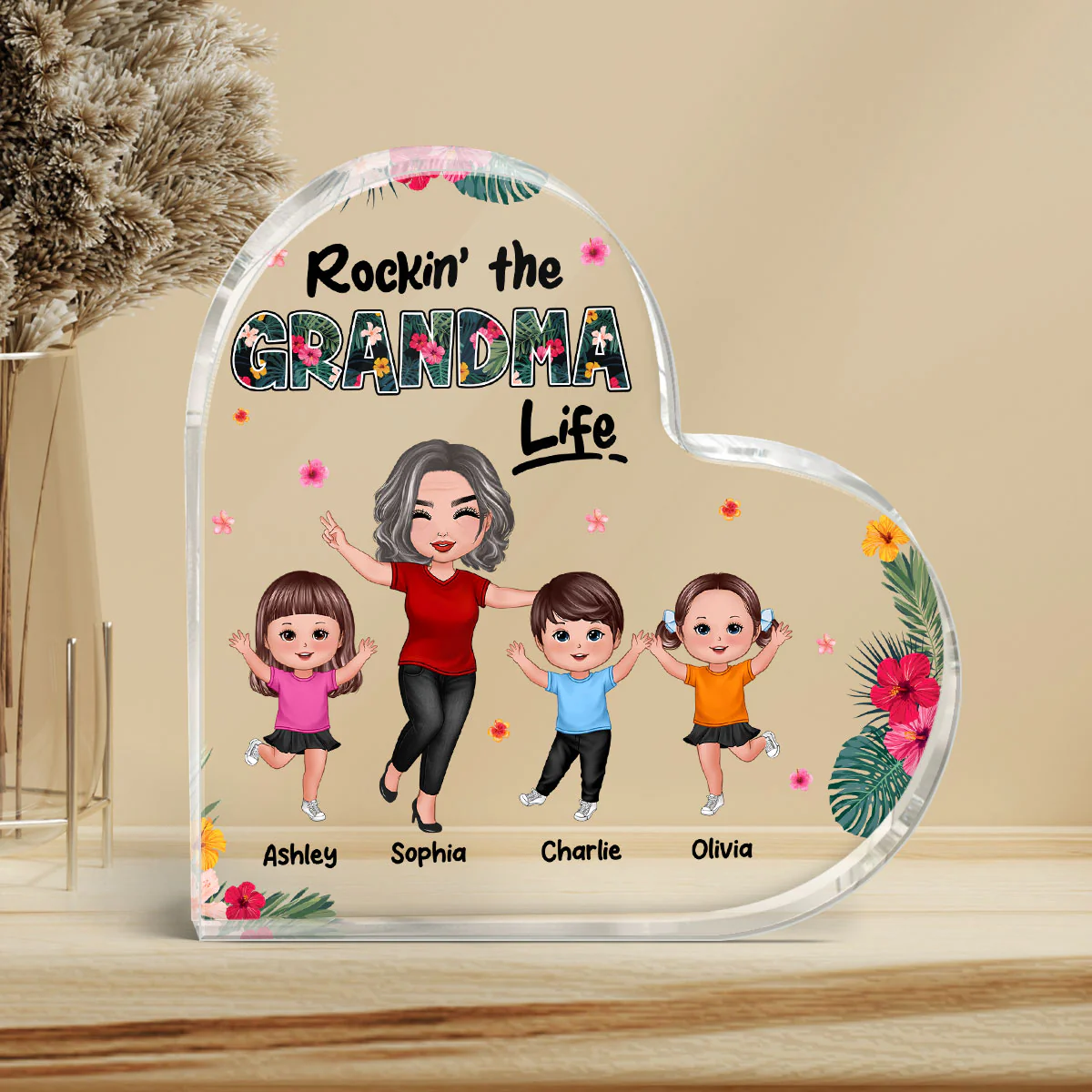 Rockin‘ Grandma Life Happy Doll Grandma Grandkids Personalized Acrylic Heart Plaque - Image 3